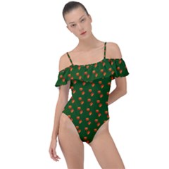 Kawaii Pumpkin Patt Green Frill Detail One Piece Swimsuit by violetheavensky