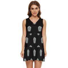 Tribal Mask Motif Drawing Pattern Tiered Sleeveless Mini Dress