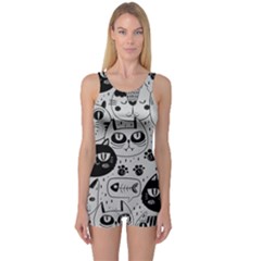 Black Outline Cat Heads One Piece Boyleg Swimsuit