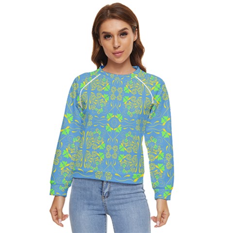 Floral Folk Damask Pattern Fantasy Flowers  Women s Long Sleeve Raglan Tee by Eskimos