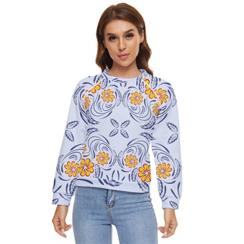 Floral Folk Damask Pattern Fantasy Flowers  Women s Long Sleeve Raglan Tee by Eskimos