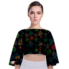 Apples Honey Honeycombs Pattern Tie Back Butterfly Sleeve Chiffon Top