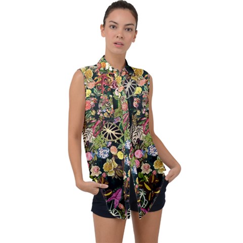 Tropical Pattern Sleeveless Chiffon Button Shirt by CoshaArt