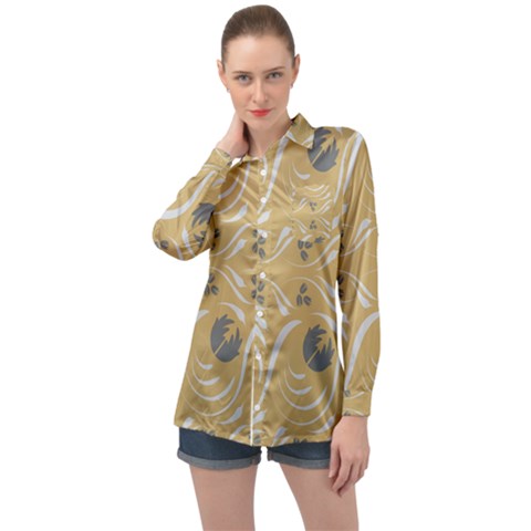 Folk Flowers Print Floral Pattern Ethnic Art Long Sleeve Satin Shirt by Eskimos