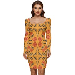 Floral Folk Damask Pattern  Women Long Sleeve Ruched Stretch Jersey Dress by Eskimos