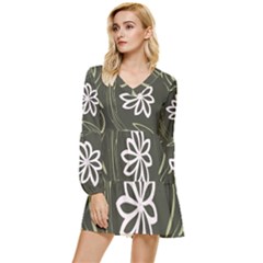 Folk Flowers Print Floral Pattern Ethnic Art Tiered Long Sleeve Mini Dress by Eskimos