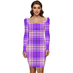 Pink Tartan 6 Women Long Sleeve Ruched Stretch Jersey Dress