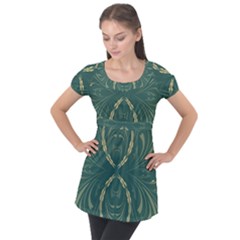 Floral Folk Damask Pattern Fantasy Flowers  Puff Sleeve Tunic Top by Eskimos