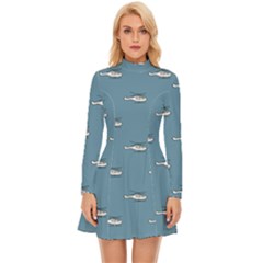 Cartoon Sketchy Helicopter Drawing Motif Pattern Long Sleeve Velour Longline Dress by dflcprintsclothing