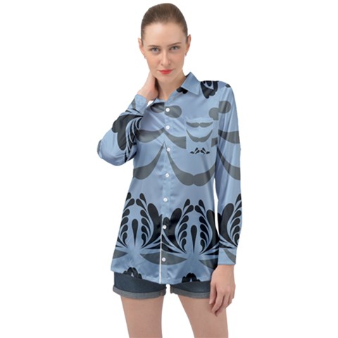 Folk Flowers Print Floral Pattern Ethnic Art Long Sleeve Satin Shirt by Eskimos