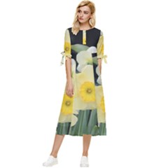 Daffodils In Bloom Bow Sleeve Chiffon Midi Dress