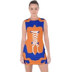 Blue Doodles On Orange Lace Up Front Bodycon Dress by FunDressesShop