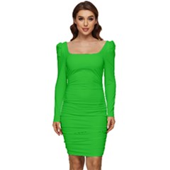 Plain Green Women Long Sleeve Ruched Stretch Jersey Dress