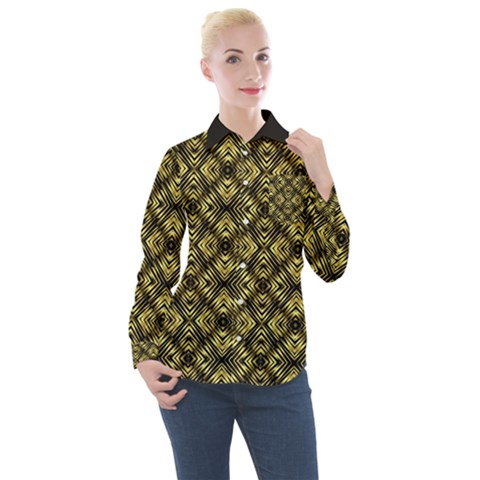 Tiled Mozaic Pattern, Gold And Black Color Symetric Design Women s Long Sleeve Pocket Shirt by Casemiro