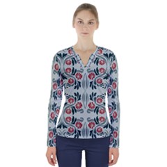 Folk Flowers Print Floral Pattern Ethnic Art V-neck Long Sleeve Top by Eskimos