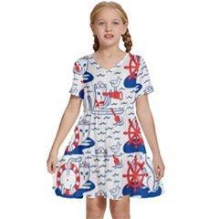 Nautical Cats Seamless Pattern Kids  Short Sleeve Tiered Mini Dress