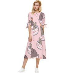 Seamless Pattern Adorable Cat Inside Cup Bow Sleeve Chiffon Midi Dress