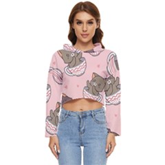 Seamless Pattern Adorable Cat Inside Cup Women s Lightweight Cropped Hoodie