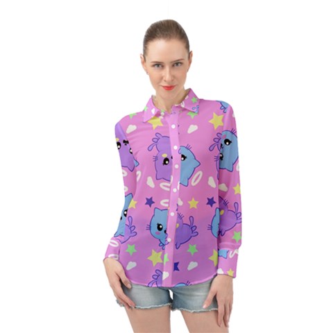 Seamless Pattern With Cute Kawaii Kittens Long Sleeve Chiffon Shirt by Jancukart