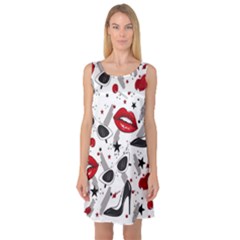 Red Lips Black Heels Pattern Sleeveless Satin Nightdress