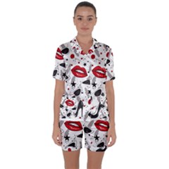 Red Lips Black Heels Pattern Satin Short Sleeve Pajamas Set