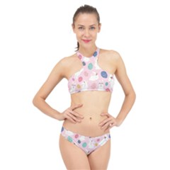 Cute Bunnies Easter Eggs Seamless Pattern High Neck Bikini Set