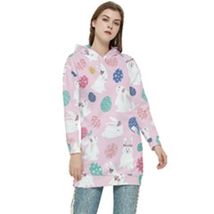 Cute Bunnies Easter Eggs Seamless Pattern Women s Long Oversized Pullover Hoodie