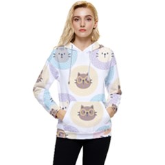 Cute Cat Seamless Pattern Background Women s Lightweight Drawstring Hoodie by Jancukart