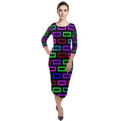 Colourful Bricks Pattern Colour Quarter Sleeve Midi Velour Bodycon Dress