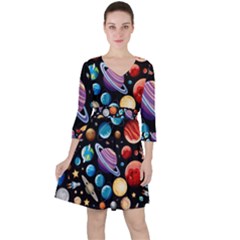 Background-with-many-planets-space Quarter Sleeve Ruffle Waist Dress by Jancukart