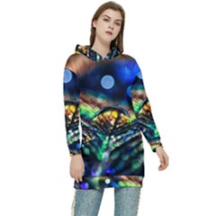 Peacock Feather Drop Women s Long Oversized Pullover Hoodie by artworkshop