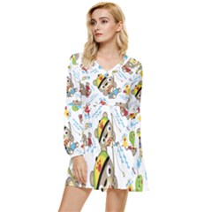 Vector-seamless-pattern-cute-fishing-animals-cartoon Tiered Long Sleeve Mini Dress