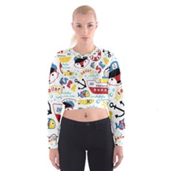 Seamless-pattern-vector-sailing-equipments-cartoon Cropped Sweatshirt by Jancukart