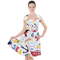 Seamless-pattern-vector-sailing-equipments-cartoon Cap Sleeve Midi Dress