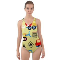 Seamless-pattern-vector-industrial-vehicle-cartoon Cut-out Back One Piece Swimsuit by Jancukart