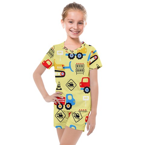 Seamless-pattern-vector-industrial-vehicle-cartoon Kids  Mesh Tee And Shorts Set by Jancukart