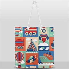 Toy-transport-cartoon-seamless-pattern-with-airplane-aerostat-sail-yacht-vector-illustration Full Print Rope Handle Tote (large) by Jancukart