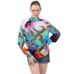 Browning Deer Glitter Galaxy High Neck Long Sleeve Chiffon Top by artworkshop