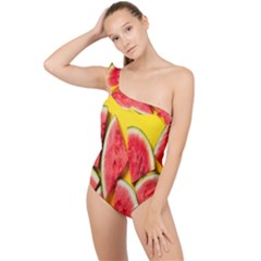 Watermelon Frilly One Shoulder Swimsuit