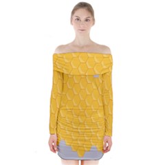 Hexagons Yellow Honeycomb Hive Bee Hive Pattern Long Sleeve Off Shoulder Dress by artworkshop