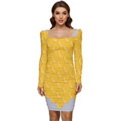 Hexagons Yellow Honeycomb Hive Bee Hive Pattern Women Long Sleeve Ruched Stretch Jersey Dress by artworkshop