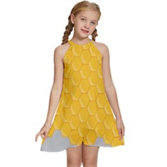 Hexagons Yellow Honeycomb Hive Bee Hive Pattern Kids  Halter Collar Waist Tie Chiffon Dress by artworkshop