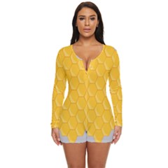 Hexagons Yellow Honeycomb Hive Bee Hive Pattern Long Sleeve Boyleg Swimsuit by artworkshop