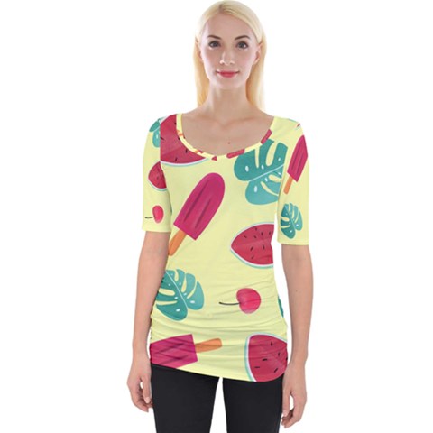 Watermelon Leaves Cherry Background Pattern Wide Neckline Tee by nate14shop