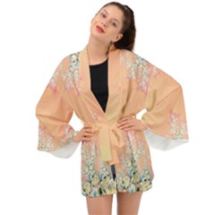 Peach Spring Frost On Flowers Fractal Long Sleeve Kimono by Artist4God