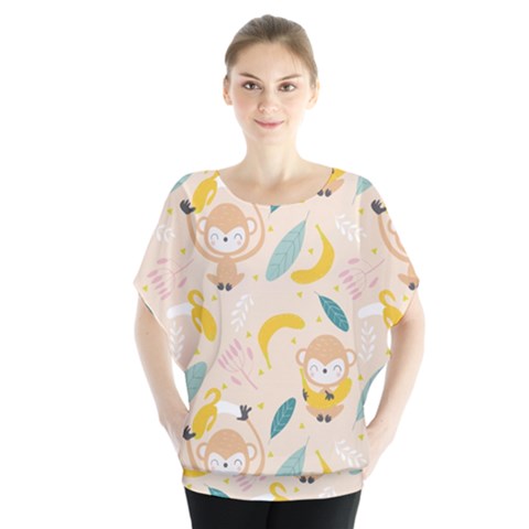 Cute-monkey-banana-seamless-pattern-background Batwing Chiffon Blouse by Jancukart