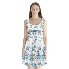 Seamless Pattern With Funny Robot Cartoon Split Back Mini Dress 