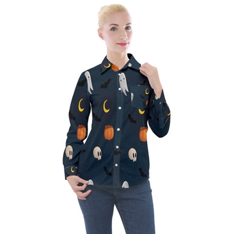 Halloween Ghost Pumpkin Bat Skull Women s Long Sleeve Pocket Shirt by artworkshop