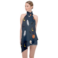 Halloween Ghost Pumpkin Bat Skull Halter Asymmetric Satin Top by artworkshop