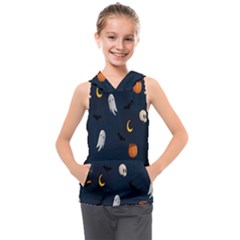 Halloween Ghost Pumpkin Bat Skull Kids  Sleeveless Hoodie by artworkshop